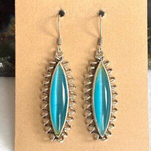 Sterling Silver 925 Marquise Turquoise Blue Cats Eye Spiral Dangle Earrings